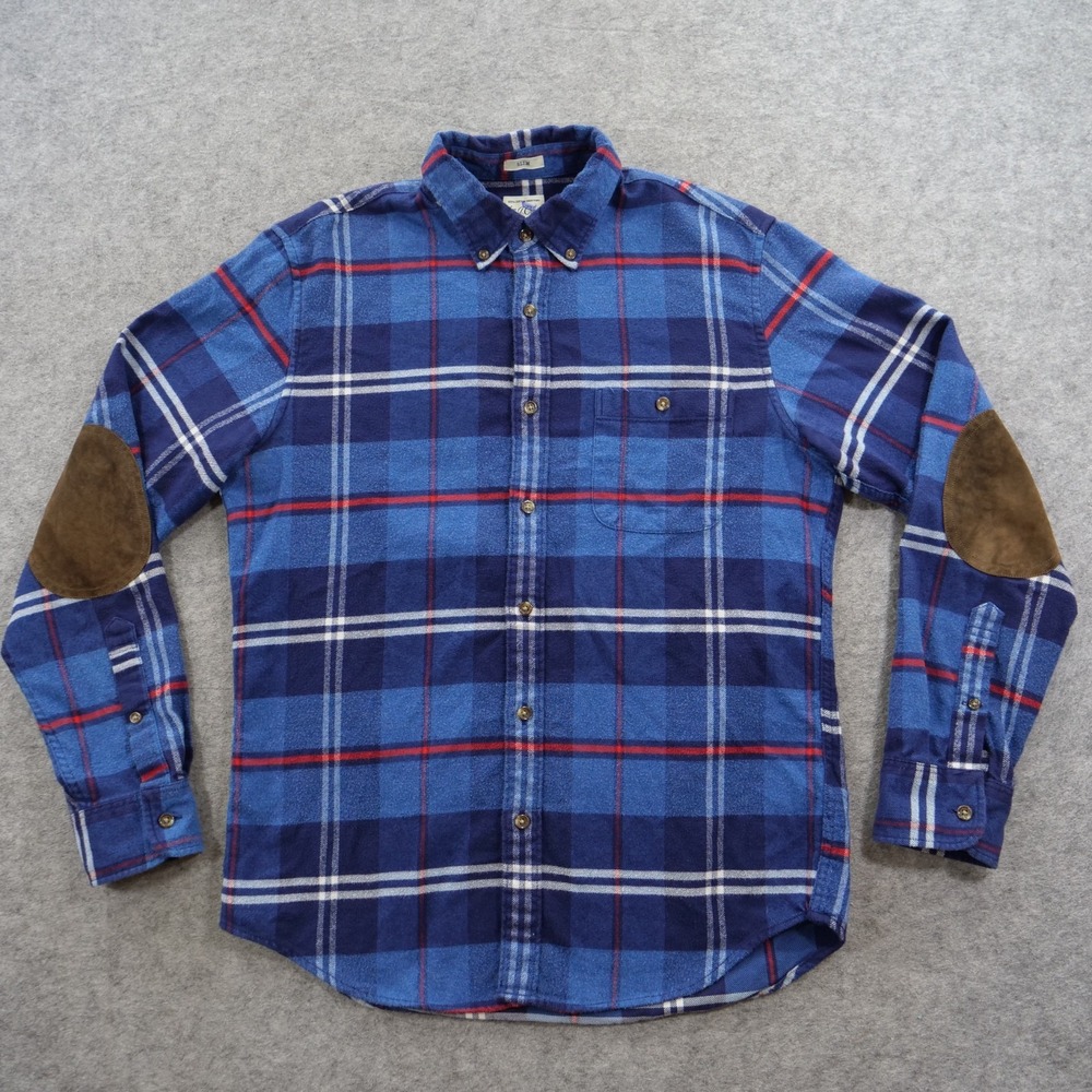 J.Crew Shirt Mens Medium Blue Plaid Long Sleeve Button Up Flannel Elbow Patches